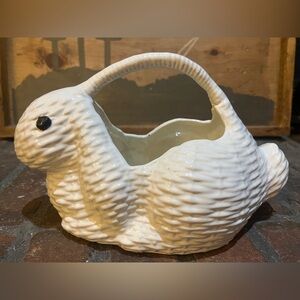 Vintage White Ceramic Rabbit Basket Planter